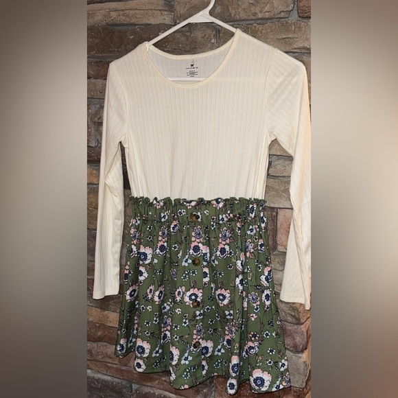 One Step Ahead Other - ONE STEP UP Girls/Kids Size Med 10/12 Cream and Green Floral Dress Long Sleeve